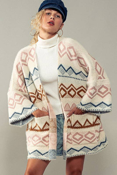 Western Geometric Mountain Pattern Oversized Knit Cardigan