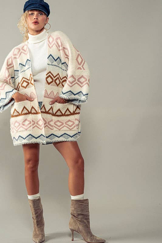 Western Geometric Mountain Pattern Oversized Knit Cardigan