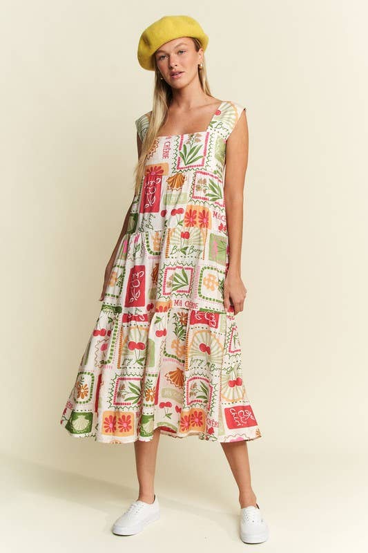 FRUITY PLANTS MULTICOLOR SLEEVELESS MIDI DRESS
