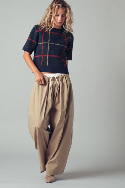 Plaid Short Sleeve Knit Sweater Top