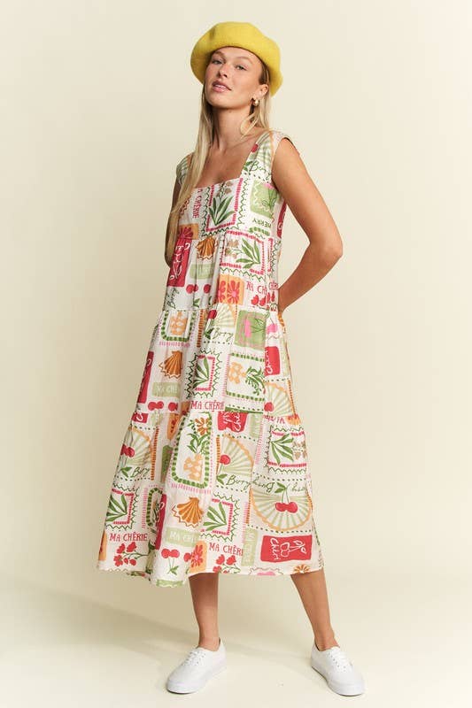 FRUITY PLANTS MULTICOLOR SLEEVELESS MIDI DRESS