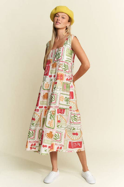FRUITY PLANTS MULTICOLOR SLEEVELESS MIDI DRESS