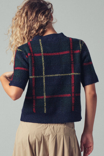 Plaid Short Sleeve Knit Sweater Top