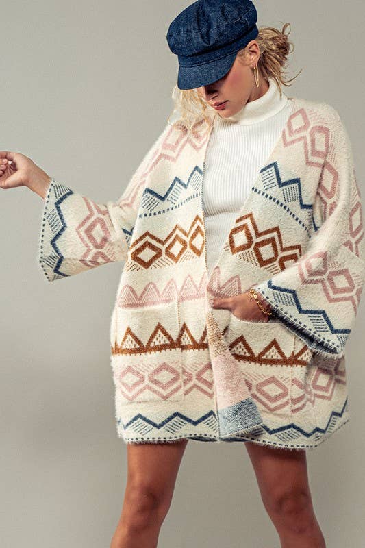 Western Geometric Mountain Pattern Oversized Knit Cardigan