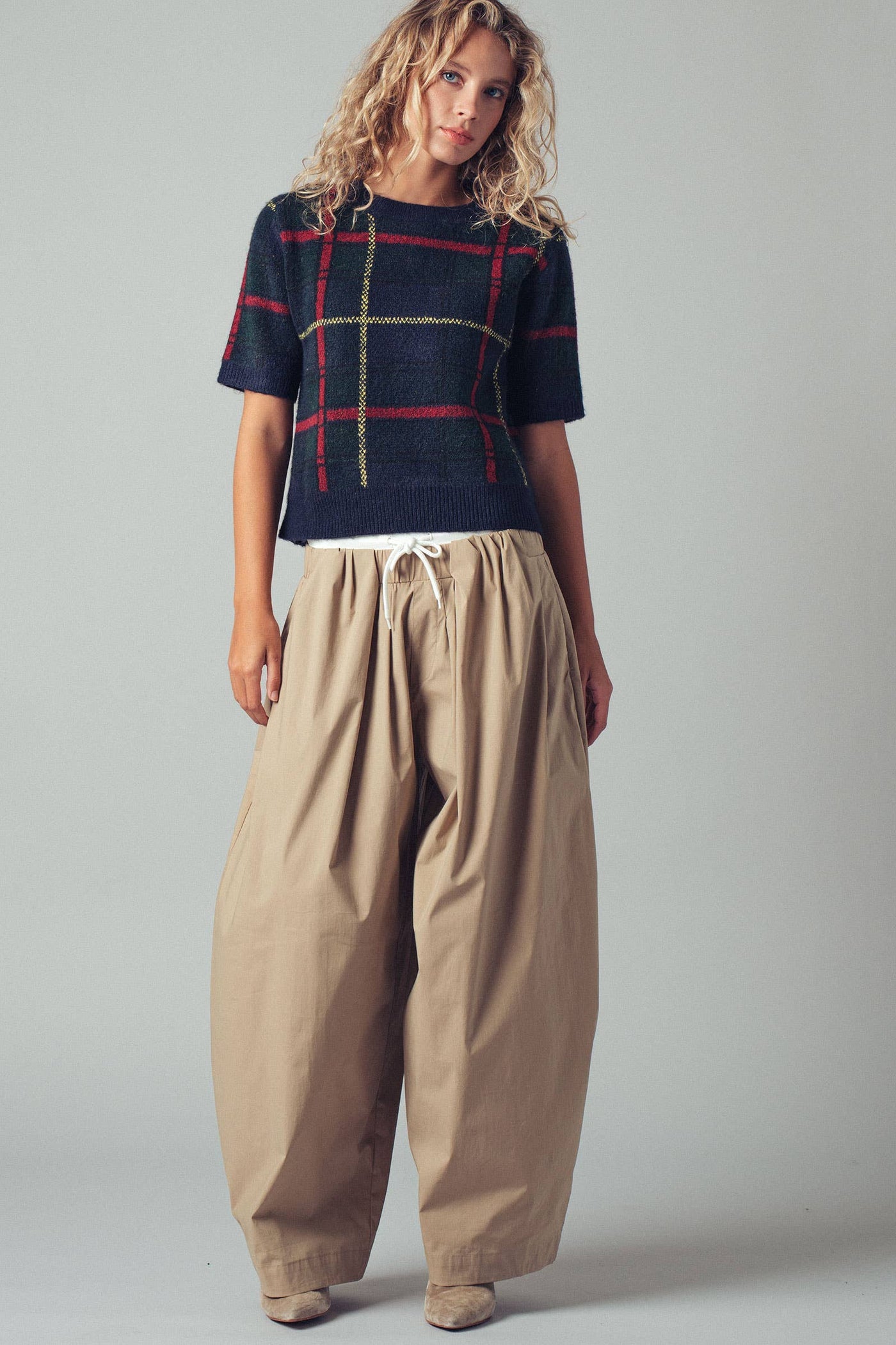 Plaid Short Sleeve Knit Sweater Top