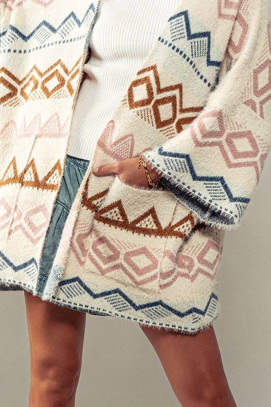 Western Geometric Mountain Pattern Oversized Knit Cardigan