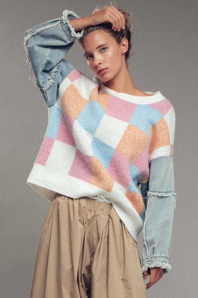 Checkered Knit Denim Sleeves Sweater