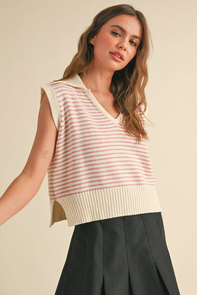 T3789   V-NECK STRIPE COLLAR KNITTED TOP