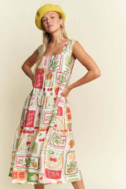 FRUITY PLANTS MULTICOLOR SLEEVELESS MIDI DRESS