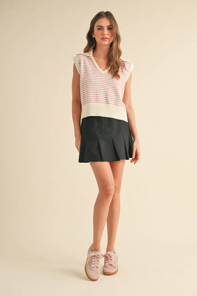 T3789   V-NECK STRIPE COLLAR KNITTED TOP
