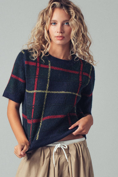 Plaid Short Sleeve Knit Sweater Top