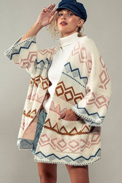 Western Geometric Mountain Pattern Oversized Knit Cardigan