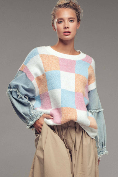 Checkered Knit Denim Sleeves Sweater
