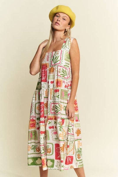 FRUITY PLANTS MULTICOLOR SLEEVELESS MIDI DRESS