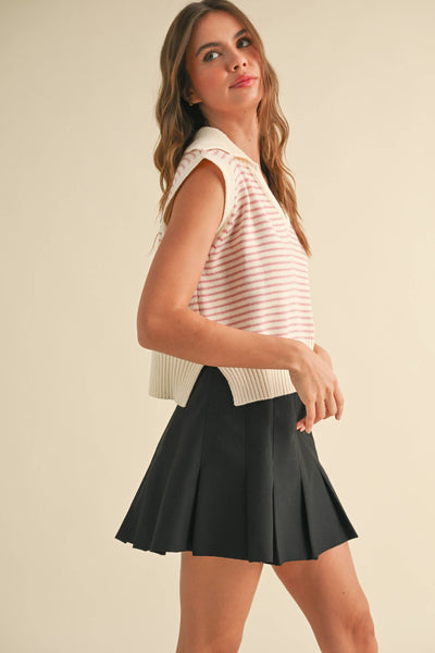 T3789   V-NECK STRIPE COLLAR KNITTED TOP