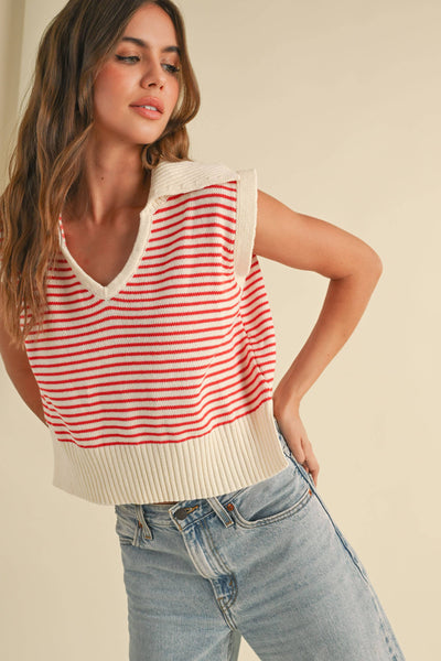 T3789   V-NECK STRIPE COLLAR KNITTED TOP
