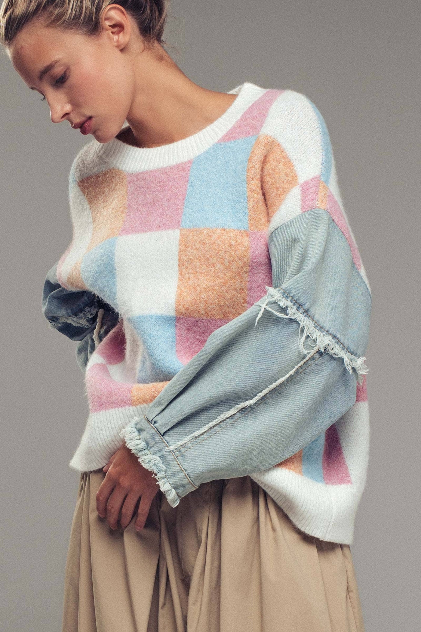 Checkered Knit Denim Sleeves Sweater