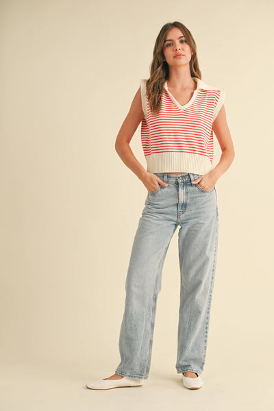 T3789   V-NECK STRIPE COLLAR KNITTED TOP