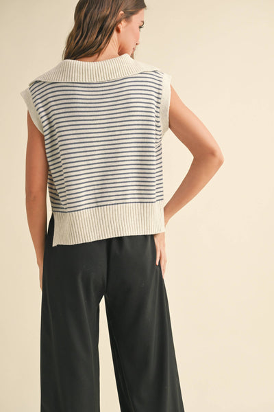 T3789   V-NECK STRIPE COLLAR KNITTED TOP