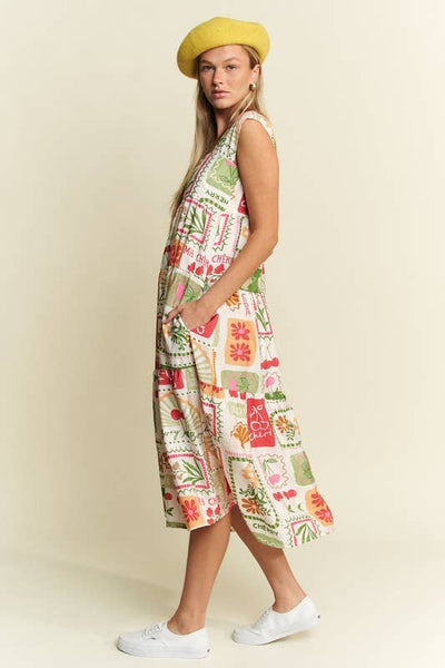 FRUITY PLANTS MULTICOLOR SLEEVELESS MIDI DRESS