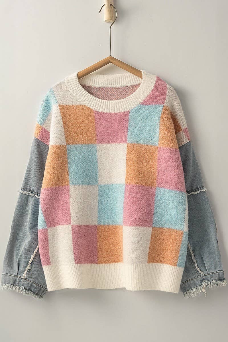 Checkered Knit Denim Sleeves Sweater