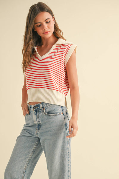 T3789   V-NECK STRIPE COLLAR KNITTED TOP