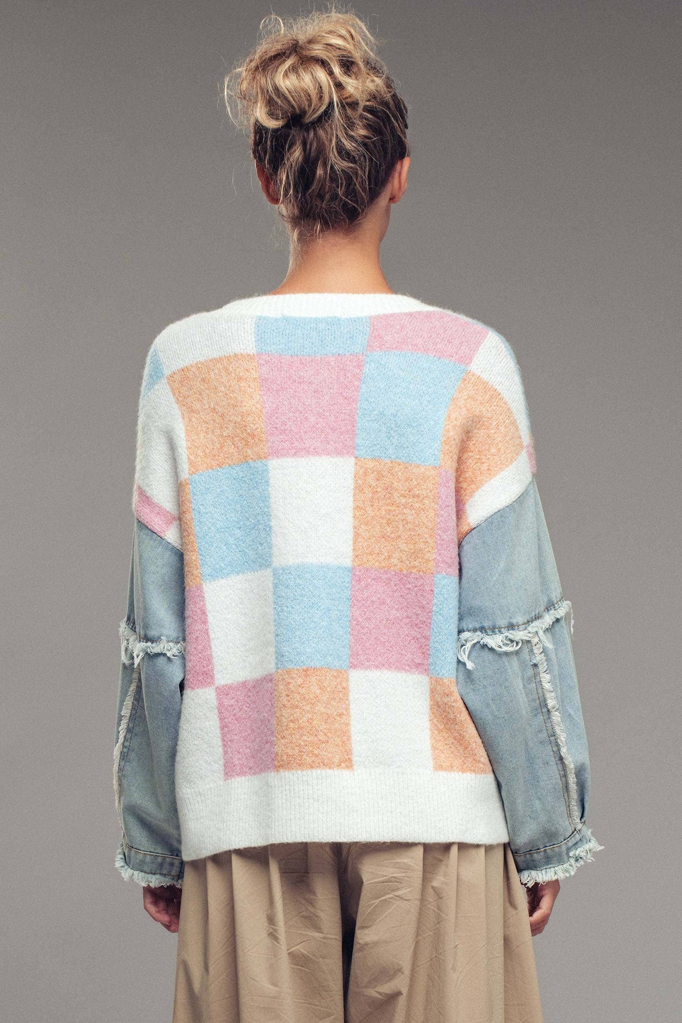 Checkered Knit Denim Sleeves Sweater