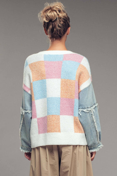 Checkered Knit Denim Sleeves Sweater