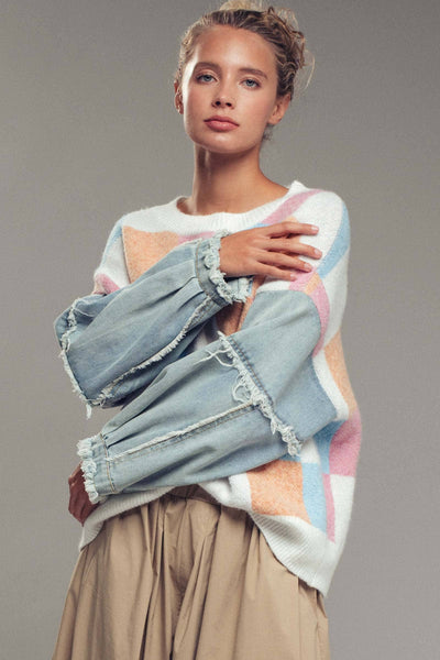 Checkered Knit Denim Sleeves Sweater