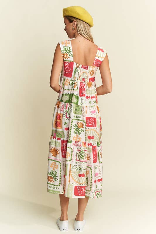 FRUITY PLANTS MULTICOLOR SLEEVELESS MIDI DRESS