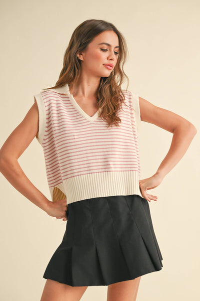 T3789   V-NECK STRIPE COLLAR KNITTED TOP