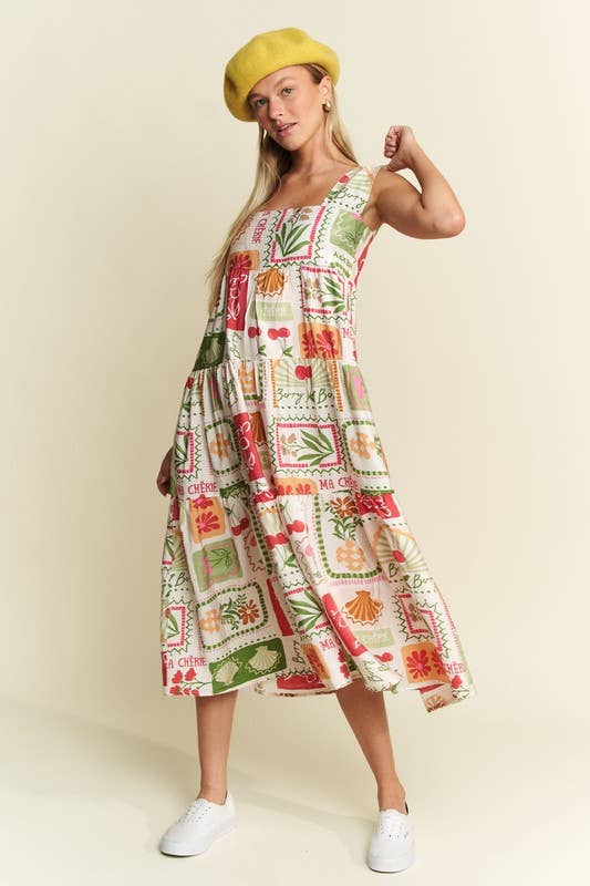FRUITY PLANTS MULTICOLOR SLEEVELESS MIDI DRESS