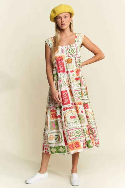 FRUITY PLANTS MULTICOLOR SLEEVELESS MIDI DRESS